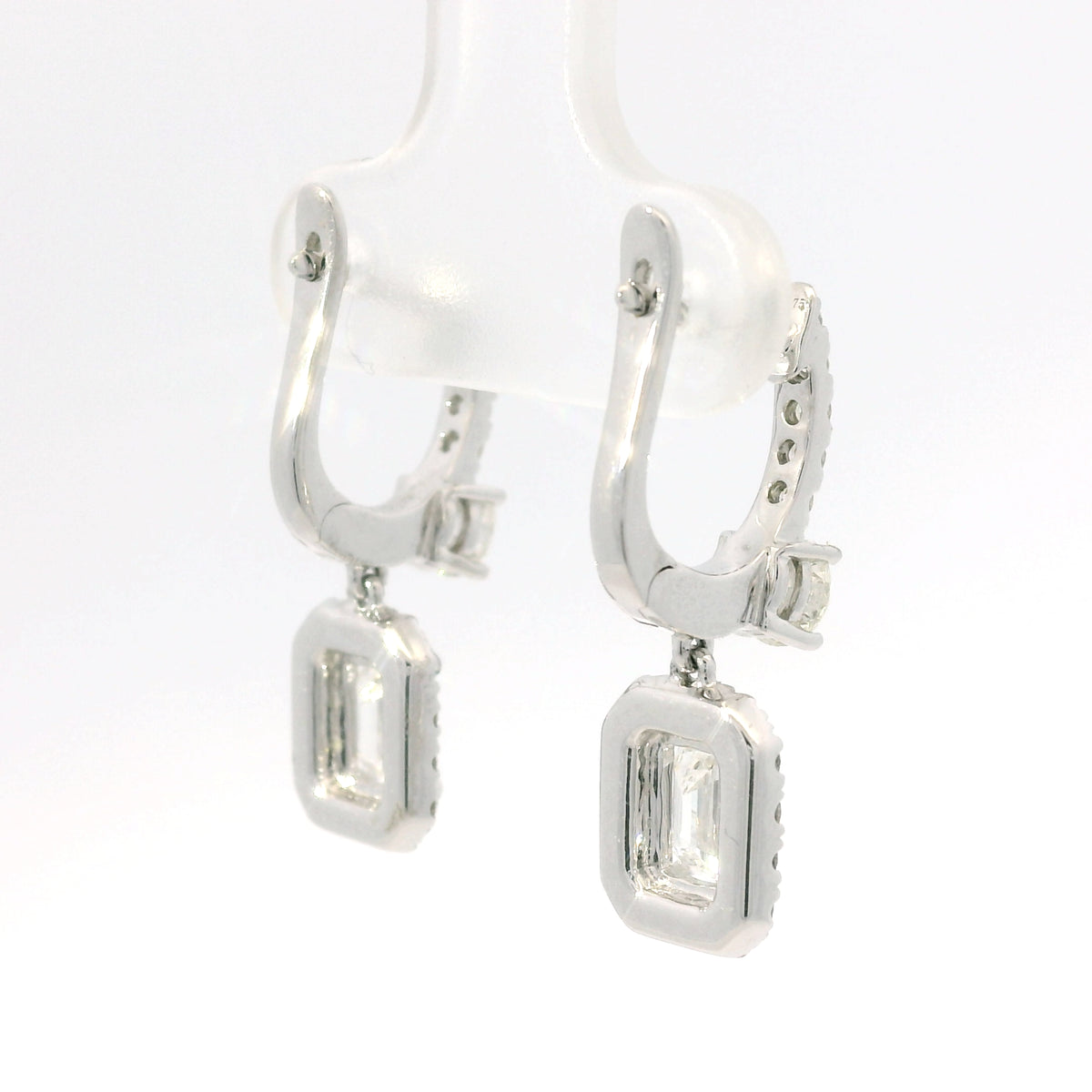 14K White Gold Natural 2.29 Carat Emerald Cut & Round Diamond Drop Earrings