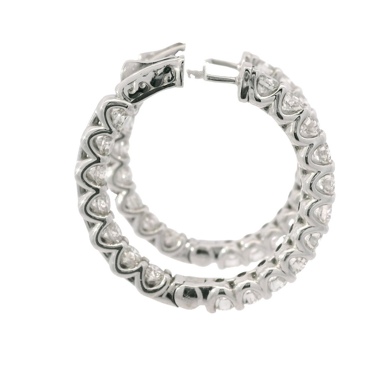 14K White Gold Natural 5.97 Carat Round Brilliant Cut Diamond Hoop Earrings