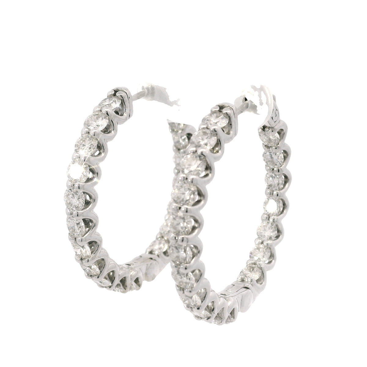 14K White Gold Natural 5.97 Carat Round Brilliant Cut Diamond Hoop Earrings