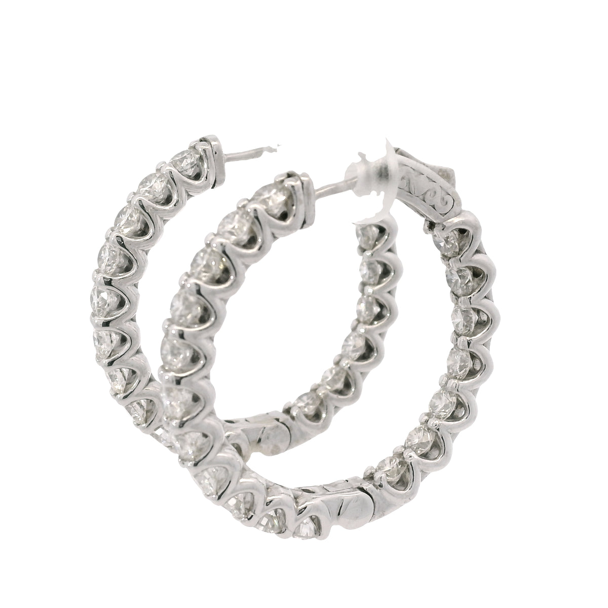 14K White Gold Natural 5.97 Carat Round Brilliant Cut Diamond Hoop Earrings