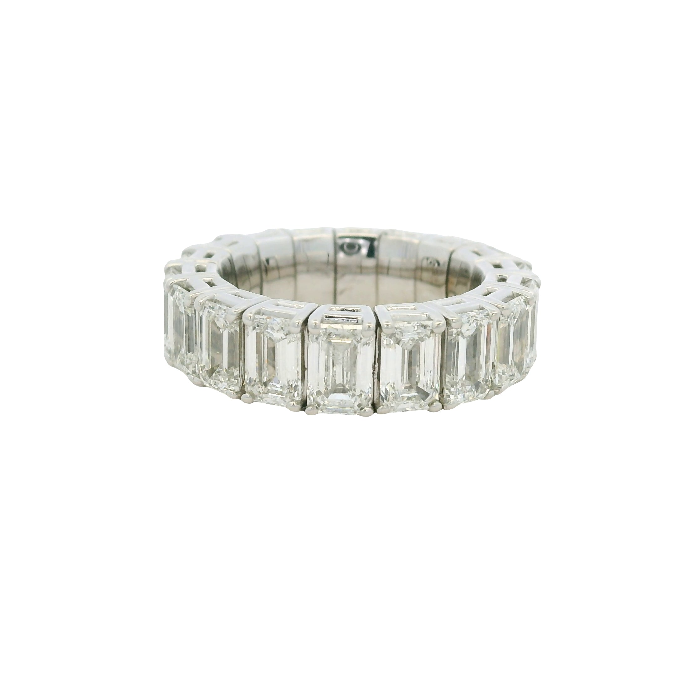 18K White Gold Natural 9.23 Carat Emerald Cut Diamond Flexible Eternity Band 