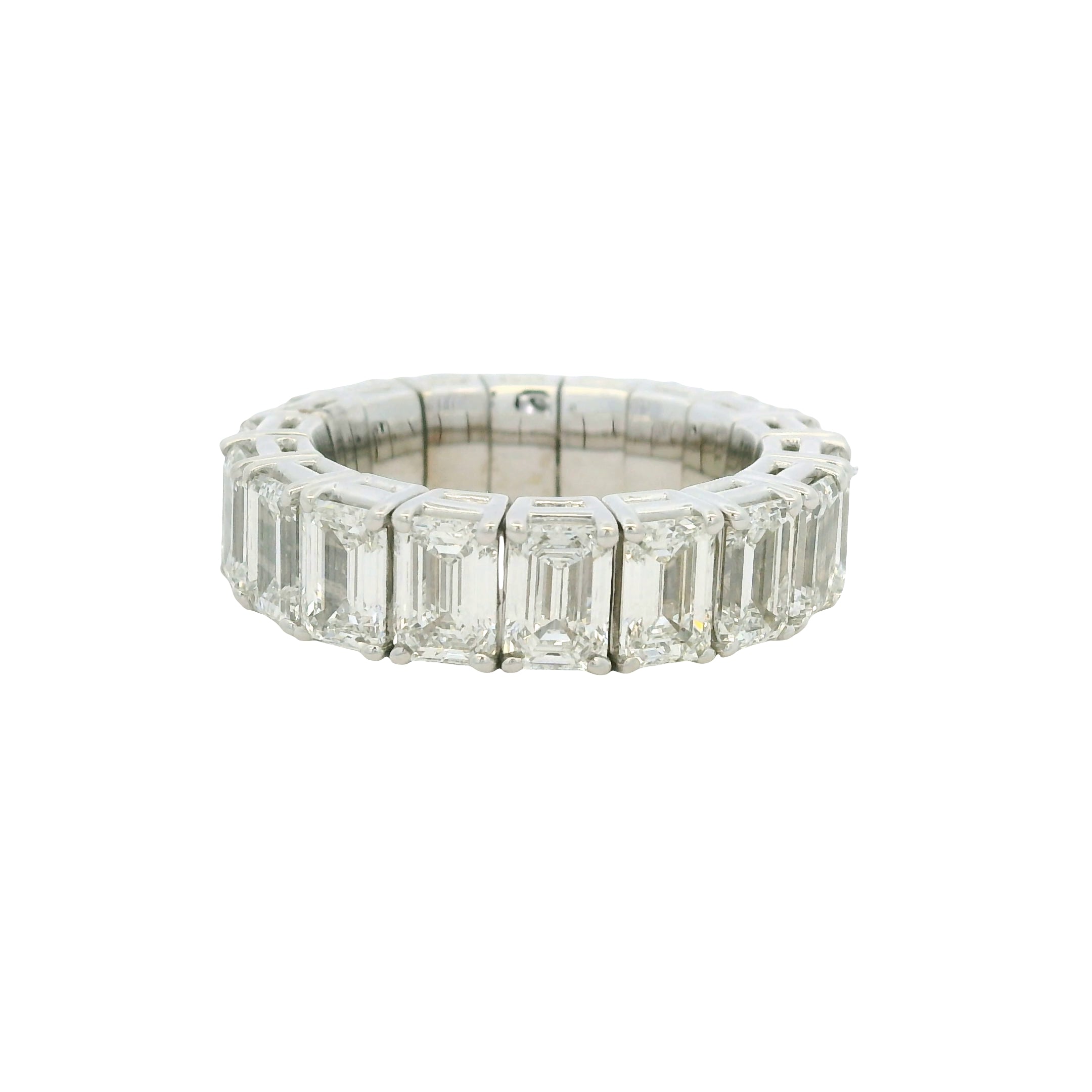 18K White Gold Natural 9.23 Carat Emerald Cut Diamond Flexible Eternity Band 