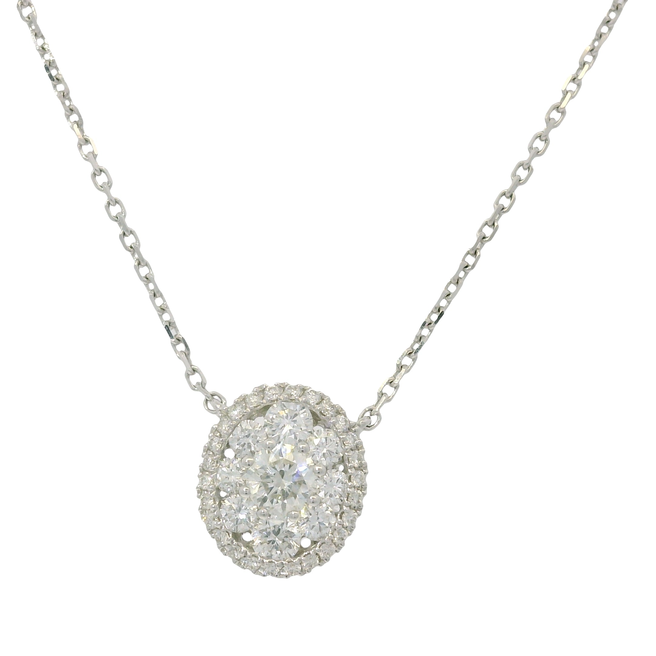 18k White Gold Natural Diamond Halo Oval Shape Pendant Necklace