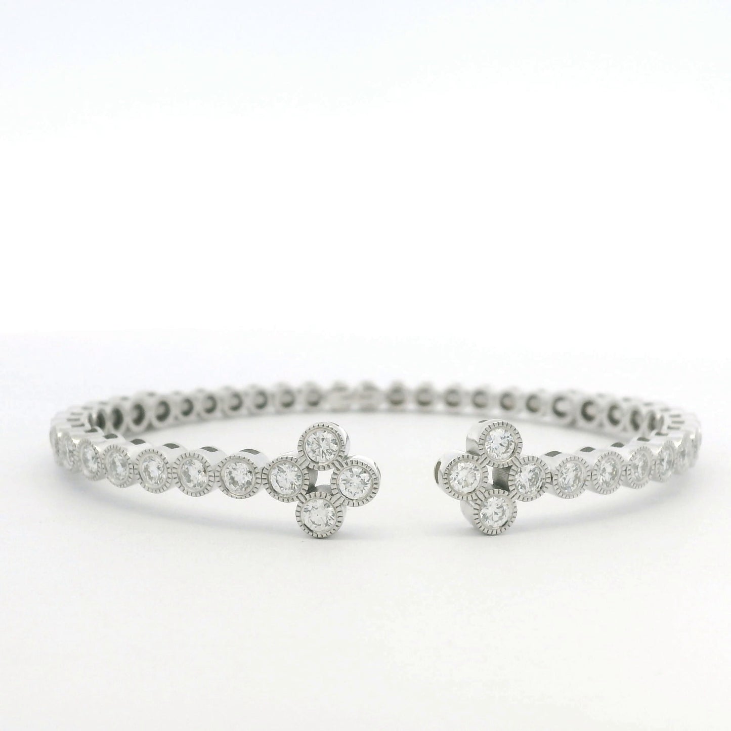14K White Gold Natural Diamond Bezel Set Open Cuff Bangle Bracelet