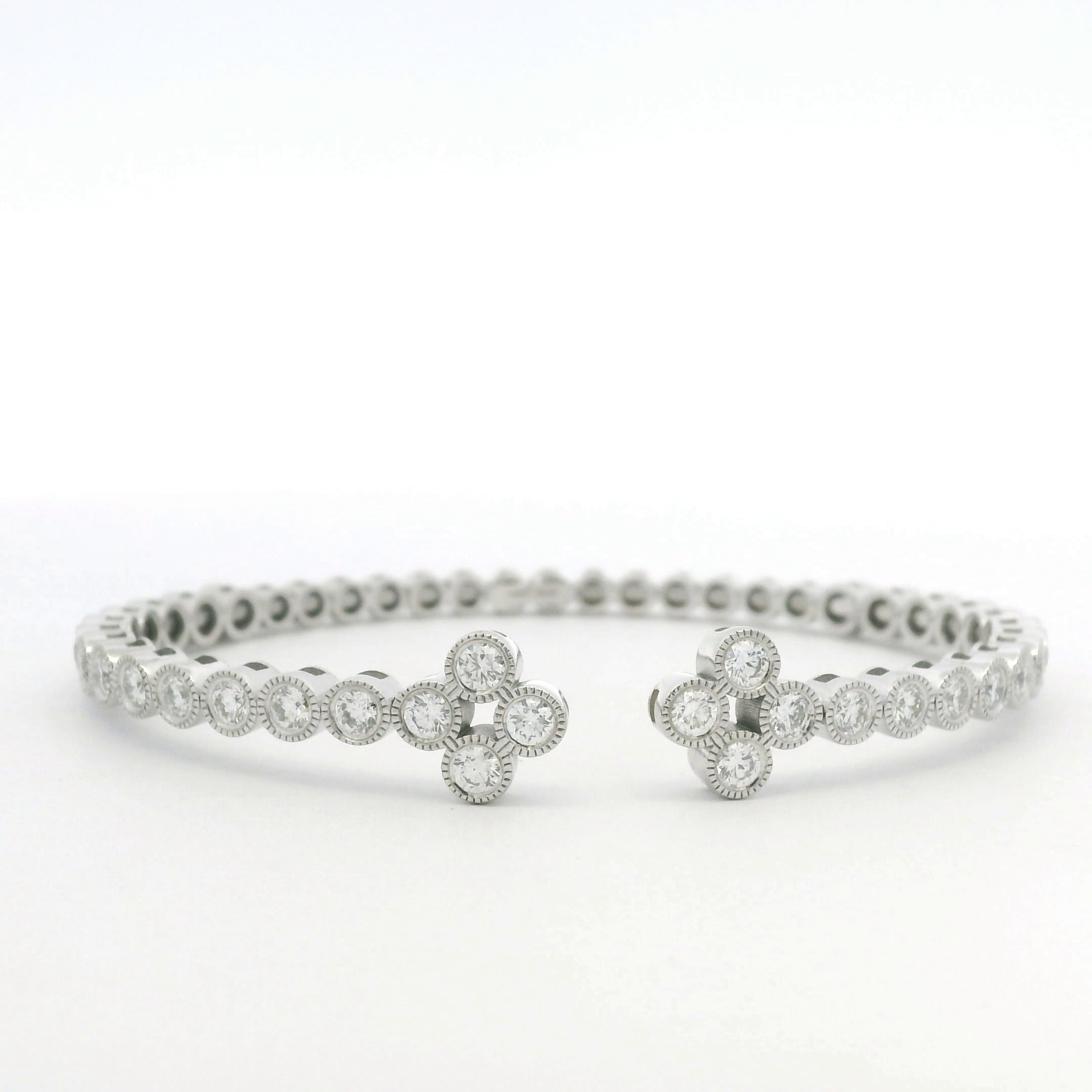 14K White Gold Natural Diamond Bezel Set Open Cuff Bangle Bracelet