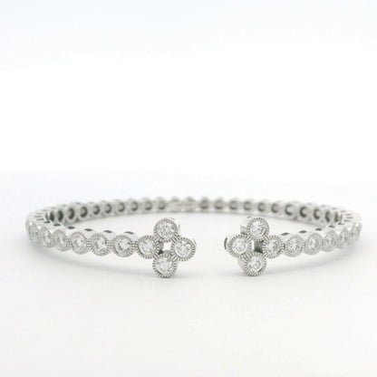 14K White Gold Natural Diamond Bezel Set Open Cuff Bangle Bracelet
