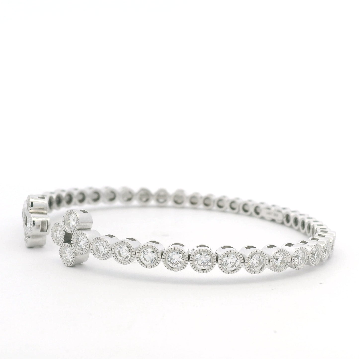 14K White Gold Natural Diamond Bezel Set Open Cuff Bangle Bracelet