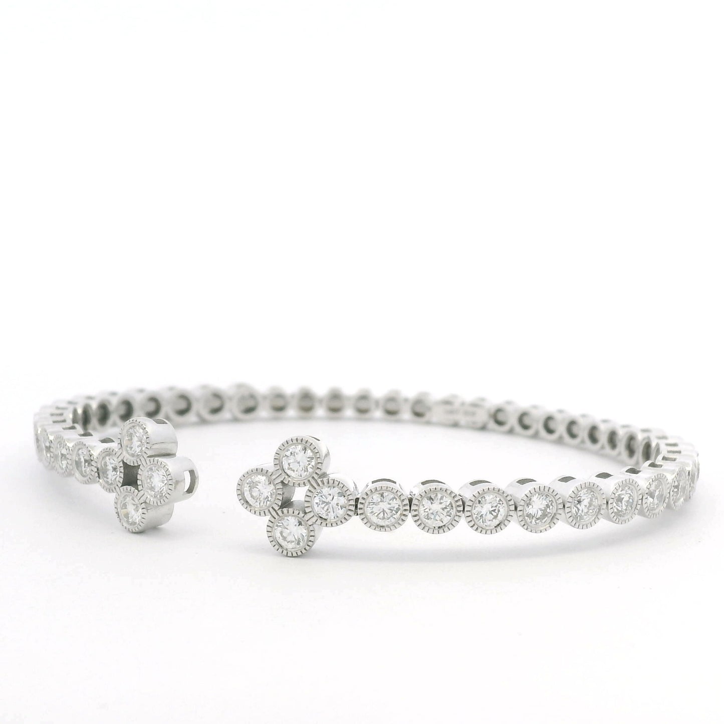 14K White Gold Natural Diamond Bezel Set Open Cuff Bangle Bracelet