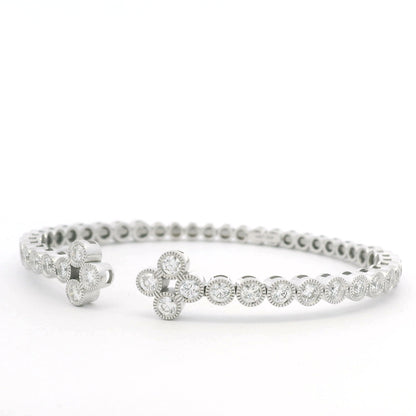 14K White Gold Natural Diamond Bezel Set Open Cuff Bangle Bracelet