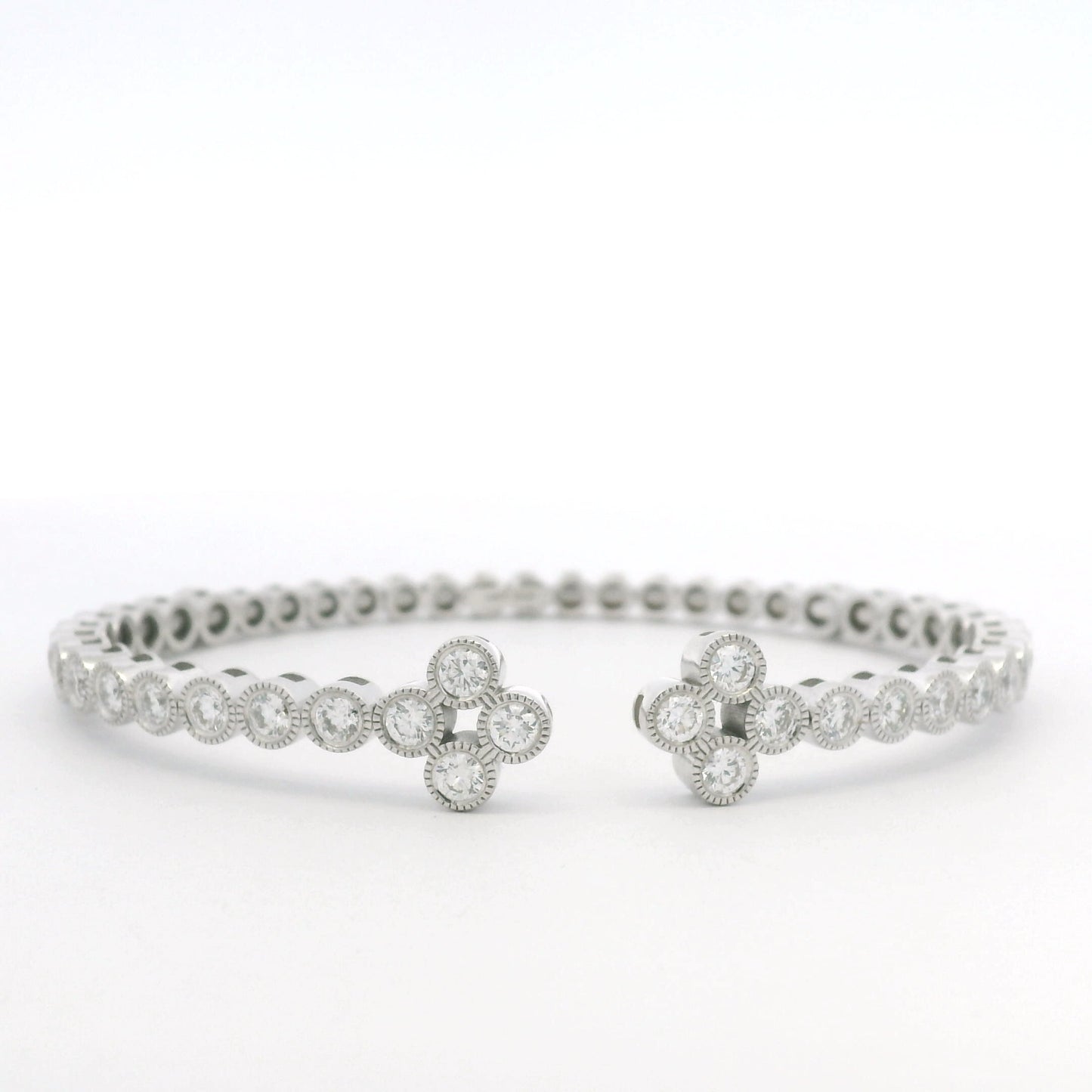 14K White Gold Natural Diamond Bezel Set Open Cuff Bangle Bracelet