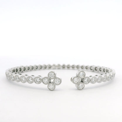14K White Gold Natural Diamond Bezel Set Open Cuff Bangle Bracelet