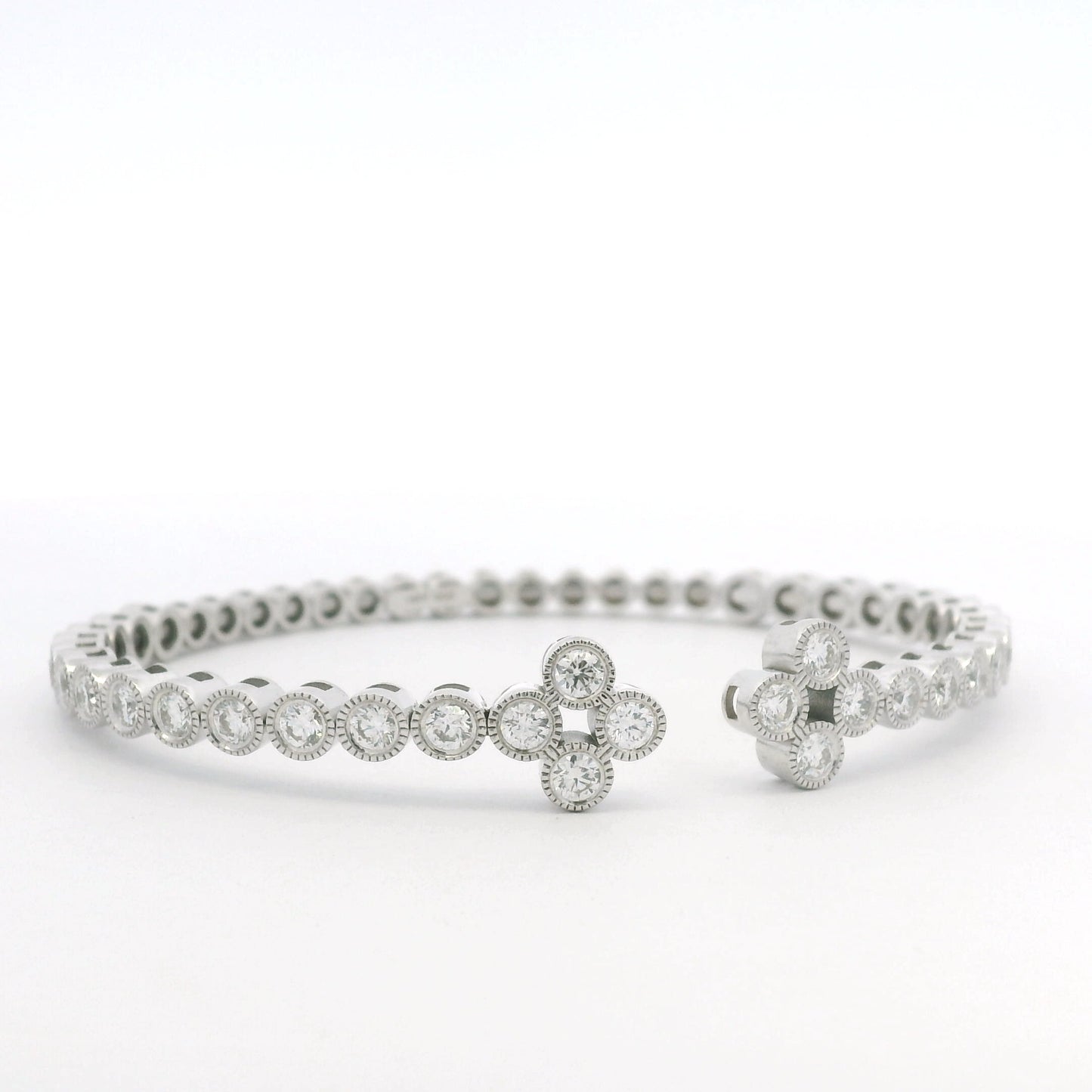 14K White Gold Natural Diamond Bezel Set Open Cuff Bangle Bracelet