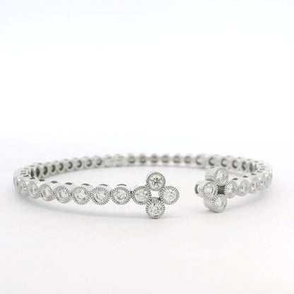 14K White Gold Natural Diamond Bezel Set Open Cuff Bangle Bracelet