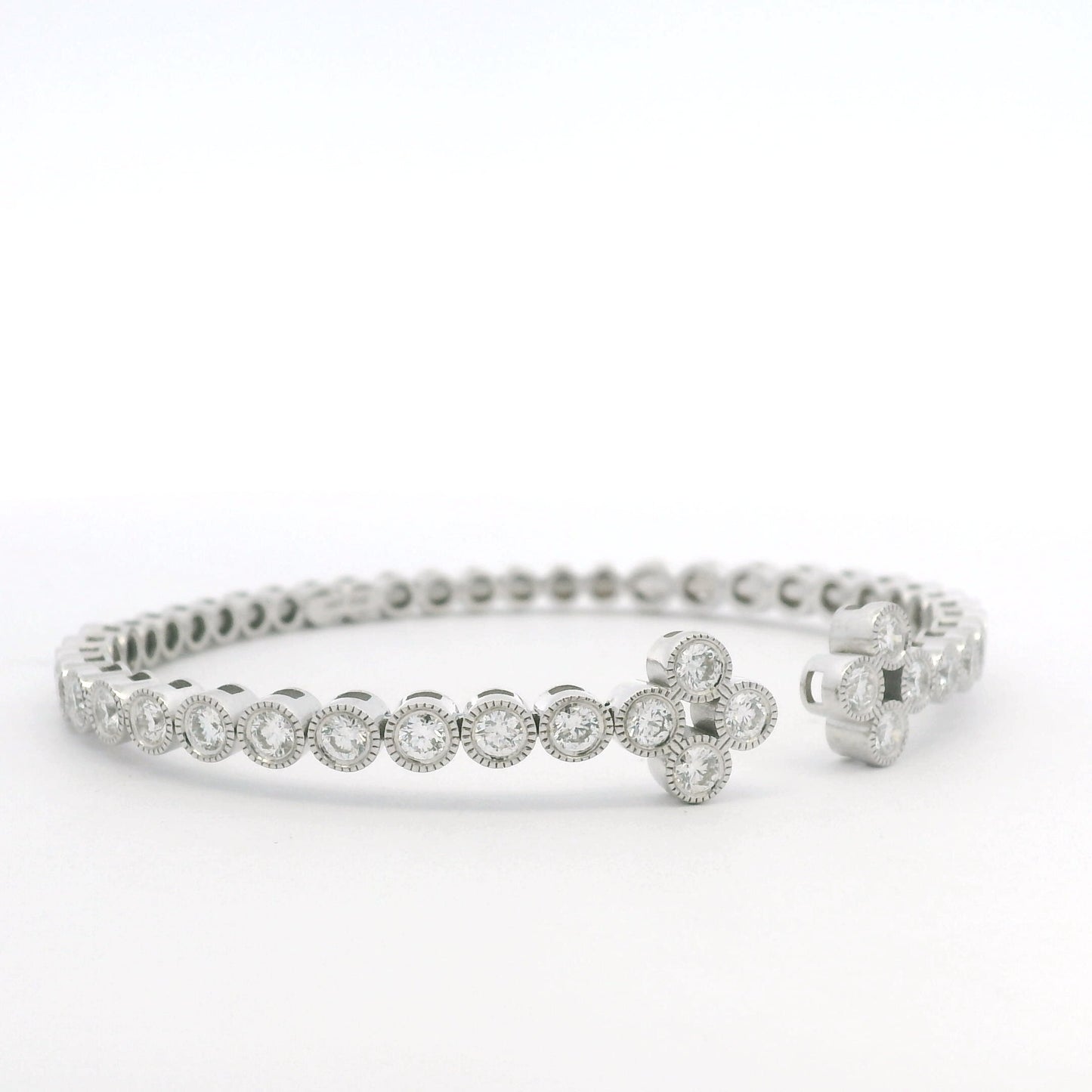 14K White Gold Natural Diamond Bezel Set Open Cuff Bangle Bracelet