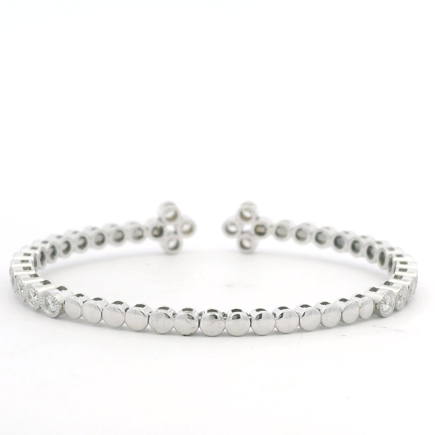 14K White Gold Natural Diamond Bezel Set Open Cuff Bangle Bracelet