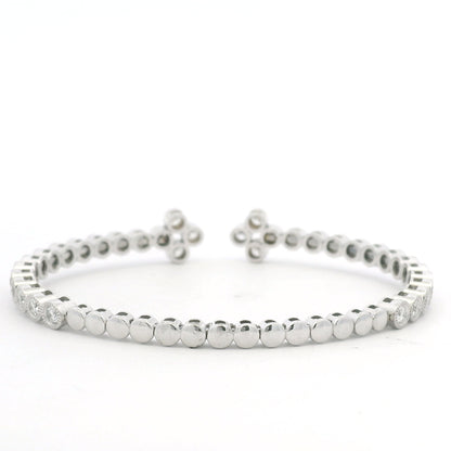 14K White Gold Natural Diamond Bezel Set Open Cuff Bangle Bracelet