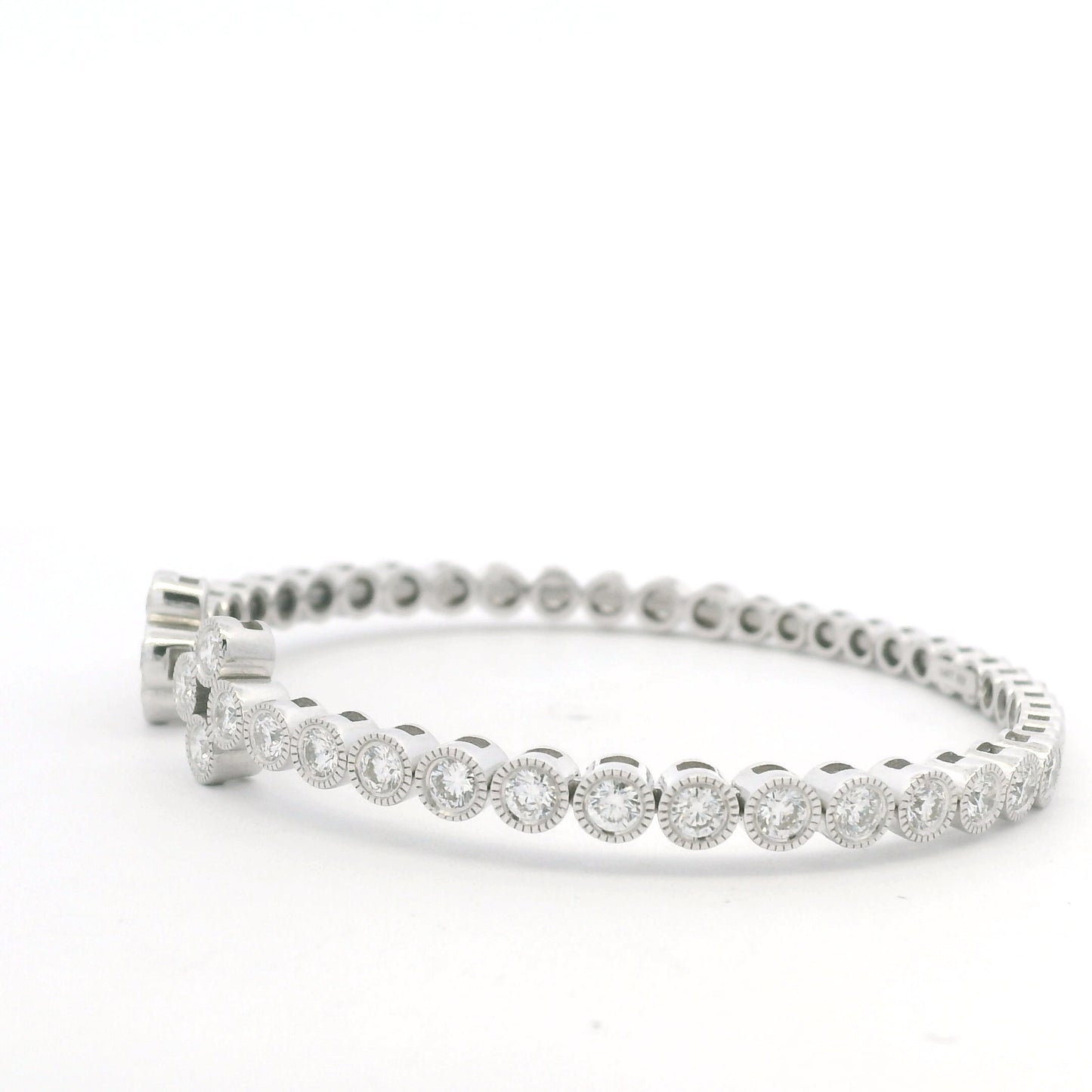 14K White Gold Natural Diamond Bezel Set Open Cuff Bangle Bracelet