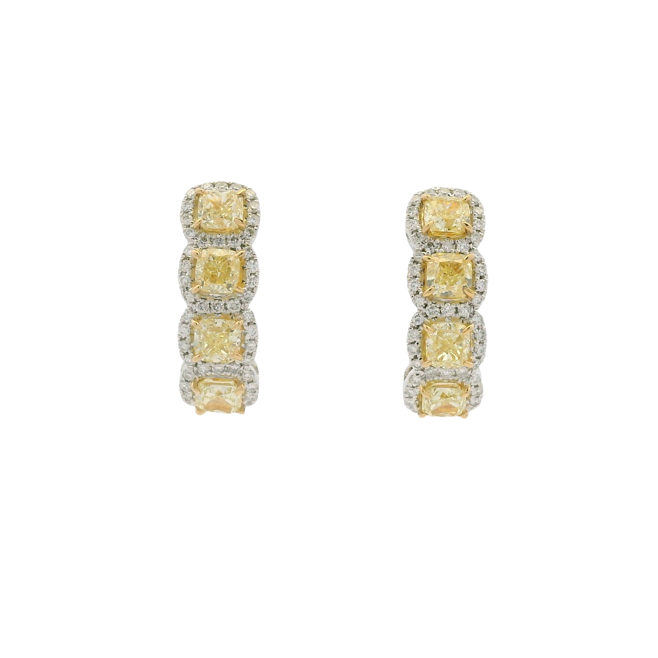18k Two Tone Gold Natural Yellow Cushion Cut Diamond Halo Earrings