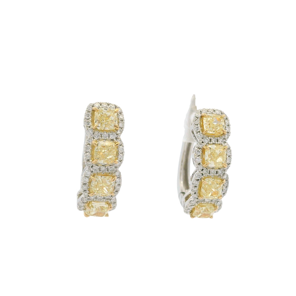 18k Two Tone Gold Natural Yellow Cushion Cut Diamond Halo Earrings