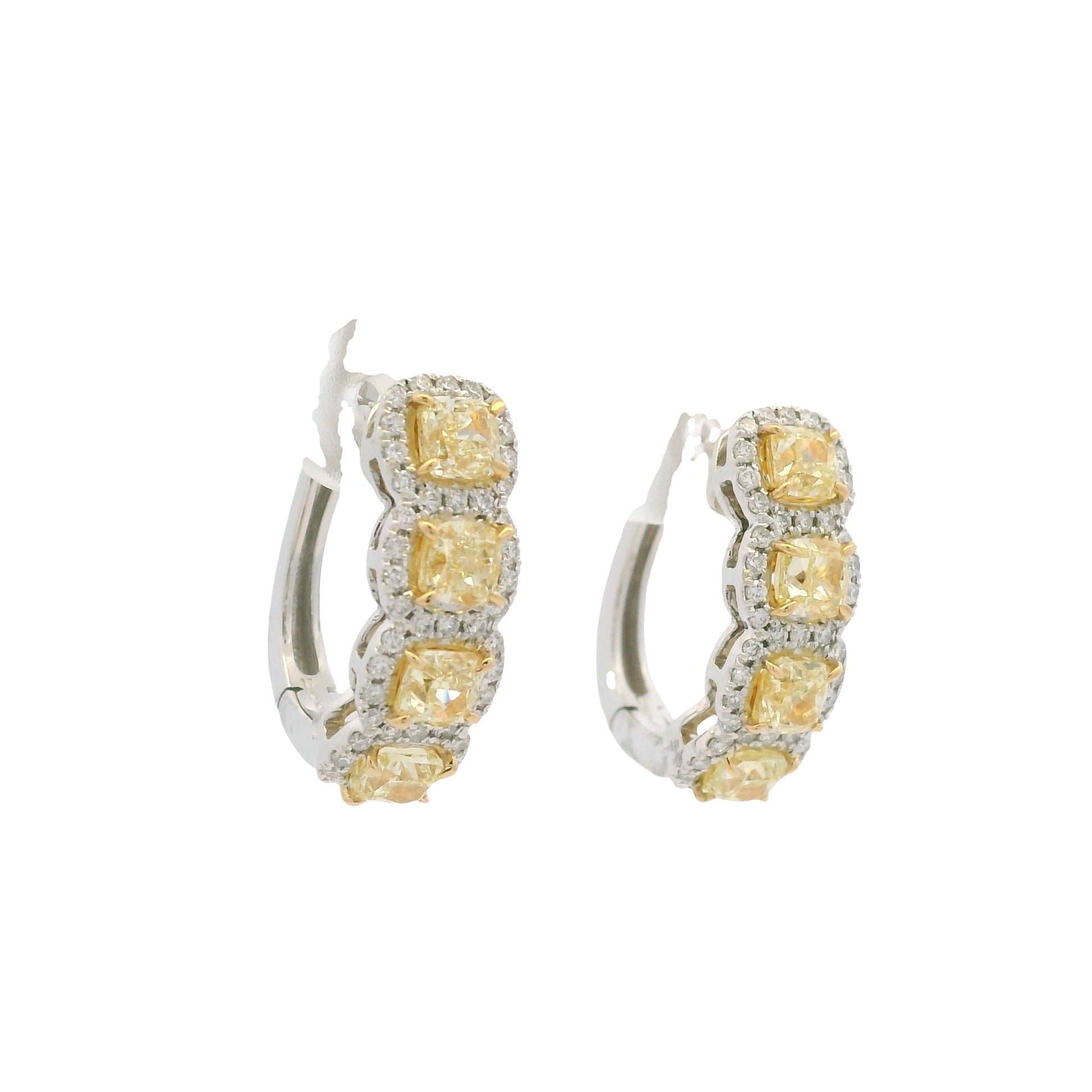 18k Two Tone Gold Natural Yellow Cushion Cut Diamond Halo Earrings