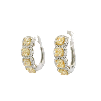 18k Two Tone Gold Natural Yellow Cushion Cut Diamond Halo Earrings