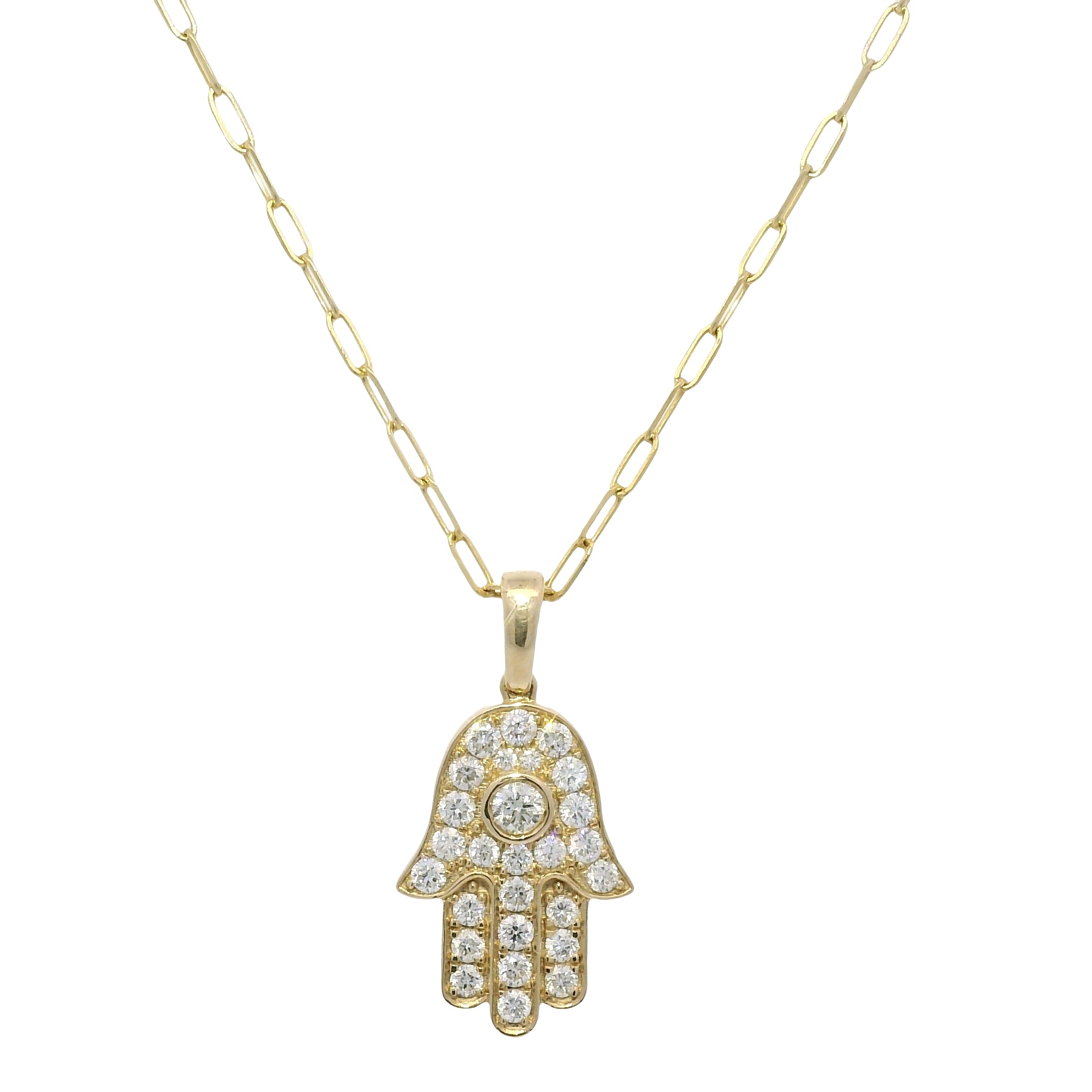 14K Yellow Gold Natural Round Brilliant Diamond Hamsa Pendant Paperclip Necklace