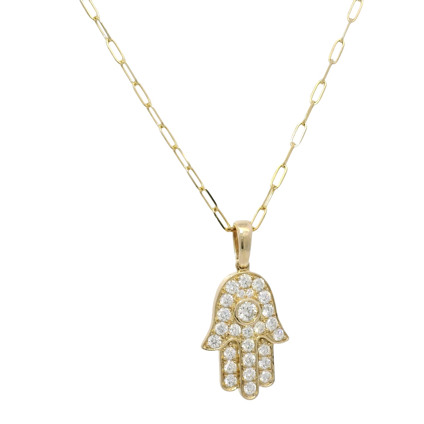 14K Yellow Gold Natural Round Brilliant Diamond Hamsa Pendant Paperclip Necklace