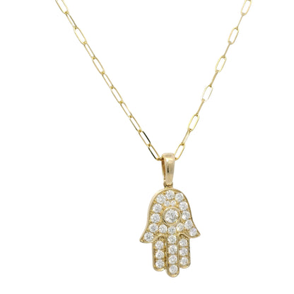 14K Yellow Gold Natural Round Brilliant Diamond Hamsa Pendant Paperclip Necklace