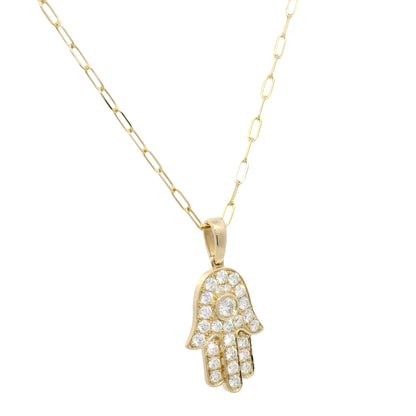 14K Yellow Gold Natural Round Brilliant Diamond Hamsa Pendant Paperclip Necklace