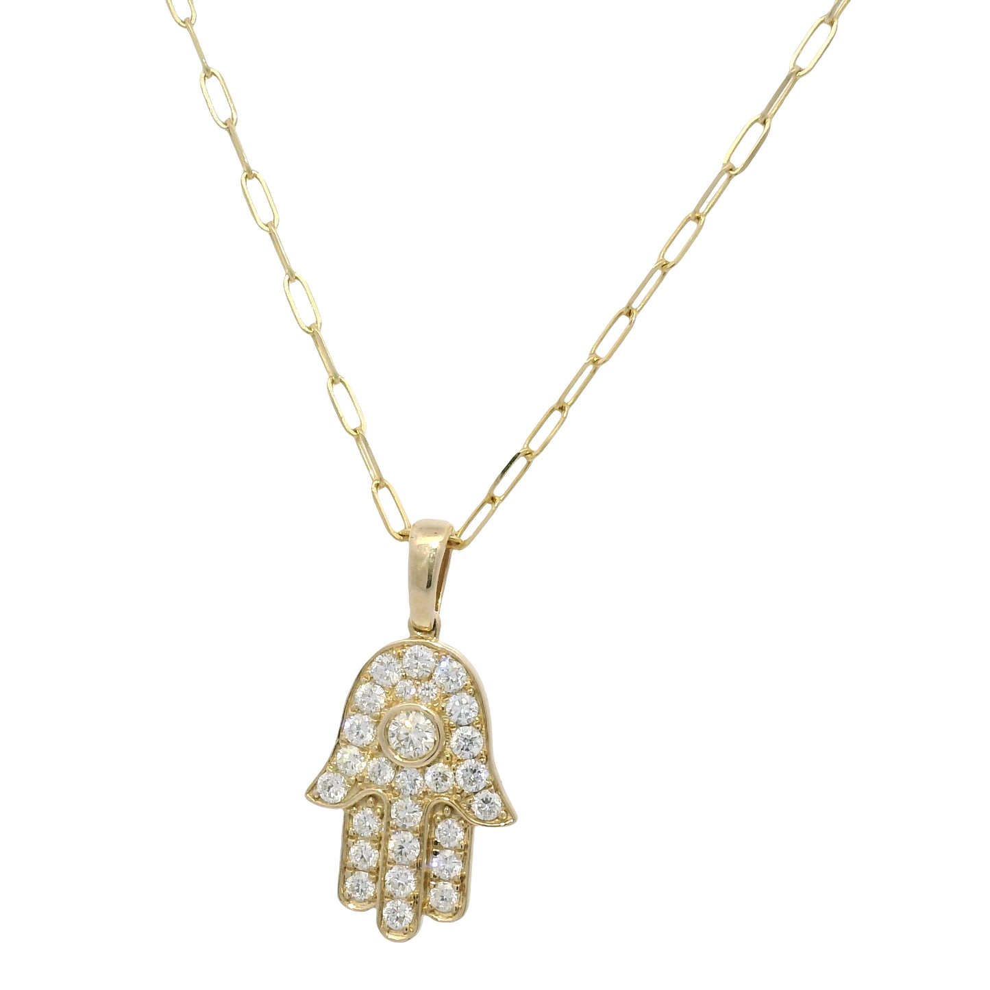 14K Yellow Gold Natural Round Brilliant Diamond Hamsa Pendant Paperclip Necklace