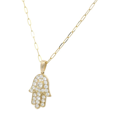14K Yellow Gold Natural Round Brilliant Diamond Hamsa Pendant Paperclip Necklace