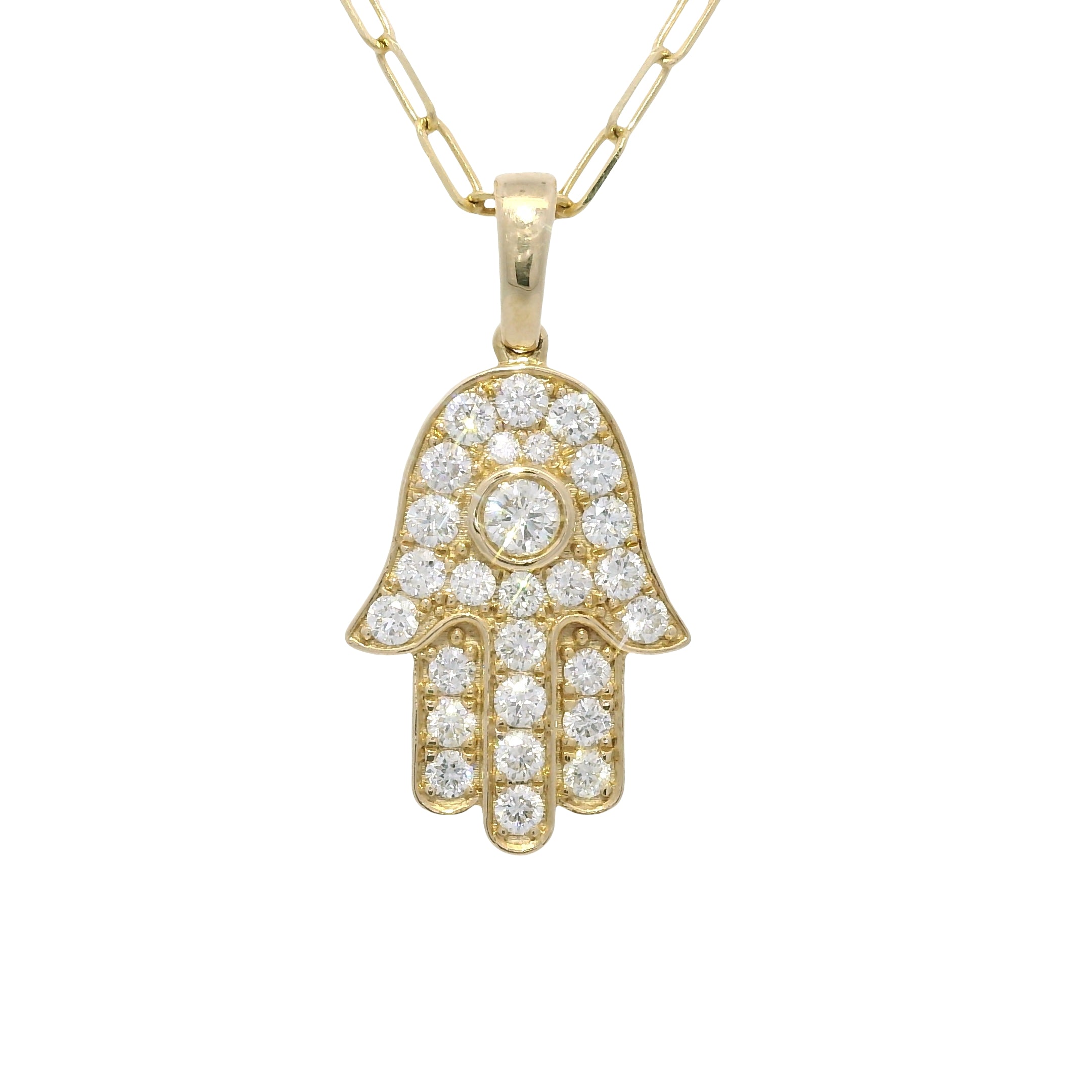 14K Yellow Gold Natural Round Brilliant Diamond Hamsa Pendant Paperclip Necklace