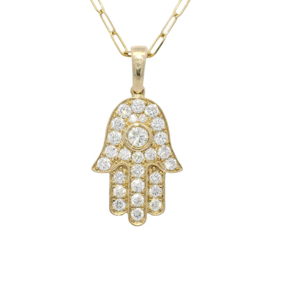 14K Yellow Gold Natural Round Brilliant Diamond Hamsa Pendant Paperclip Necklace