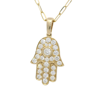 14K Yellow Gold Natural Round Brilliant Diamond Hamsa Pendant Paperclip Necklace