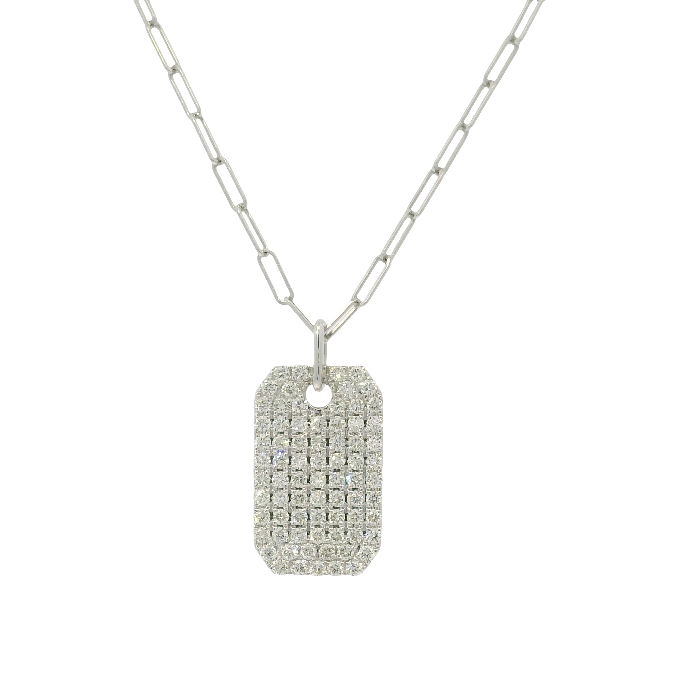 14k White Gold Natural Diamond Dog Tag Paperclip Chain Pendant Necklace