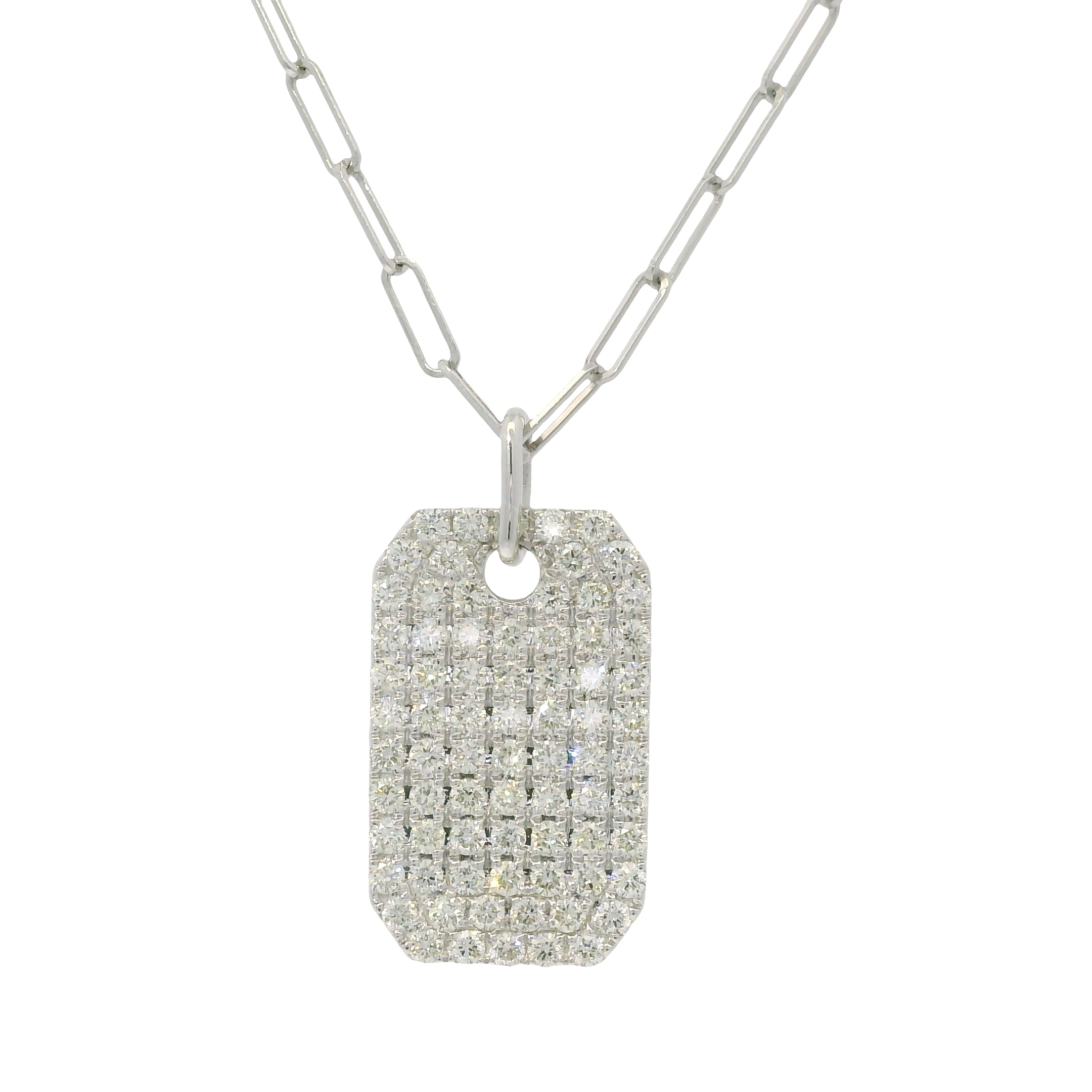 14k White Gold Natural Diamond Dog Tag Paperclip Chain Pendant Necklace