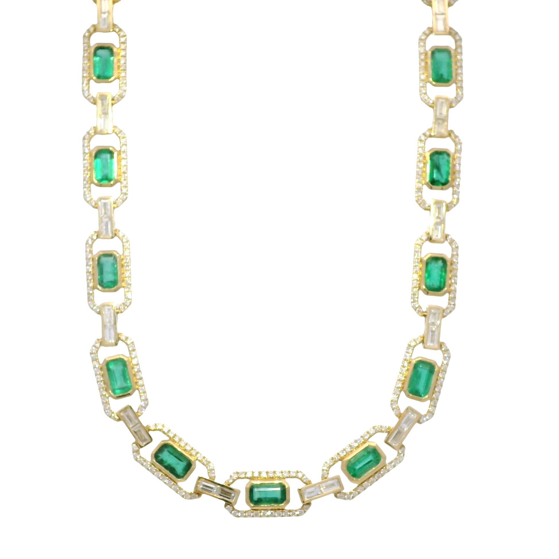 14k Yellow Gold Natural Emerald &amp; Baguette Cut Diamond Link Necklace