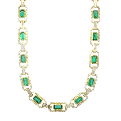 14k Yellow Gold Natural Emerald &amp; Baguette Cut Diamond Link Necklace