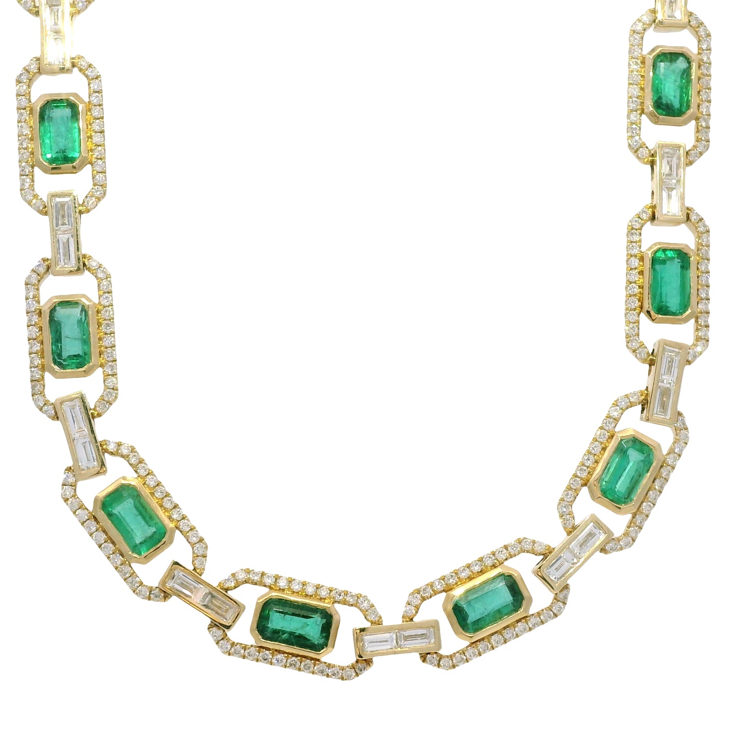 14k Yellow Gold Natural Emerald &amp; Baguette Cut Diamond Link Necklace