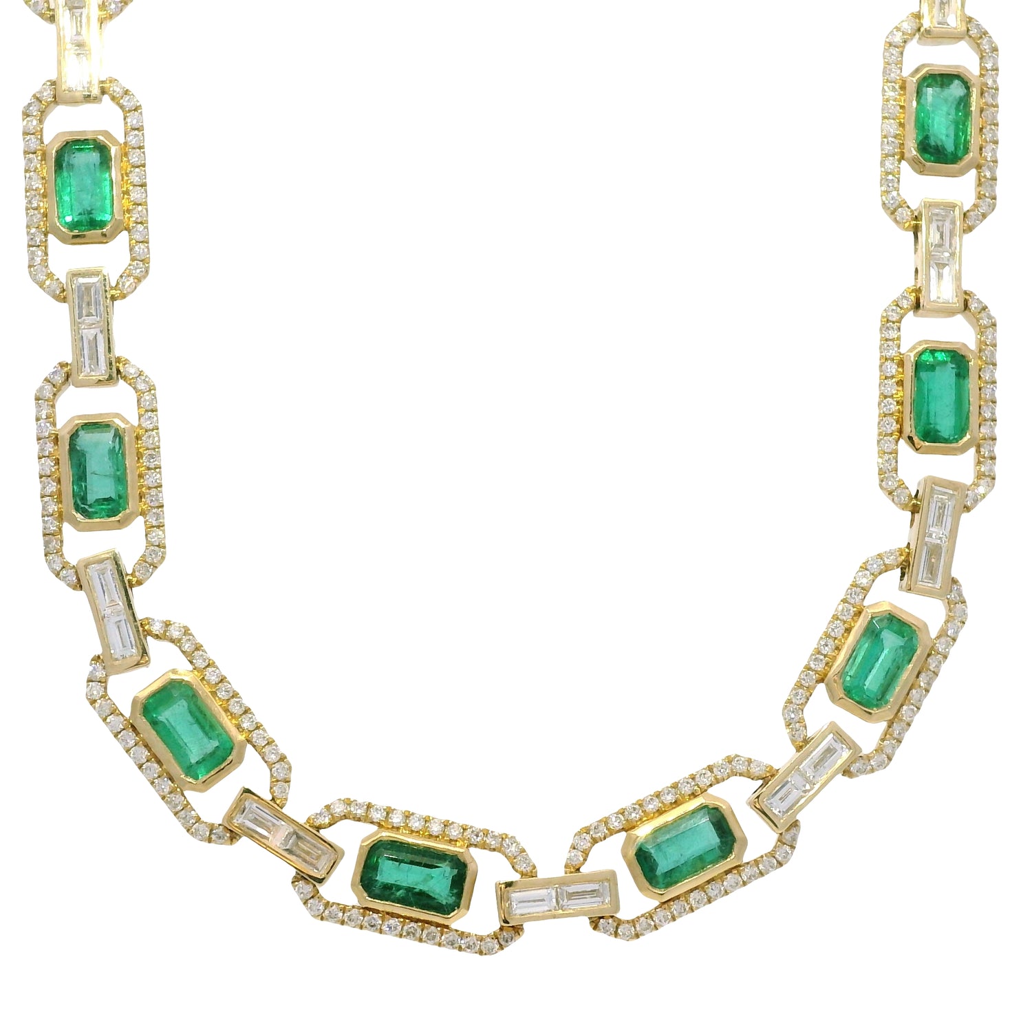 14k Yellow Gold Natural Emerald &amp; Baguette Cut Diamond Link Necklace