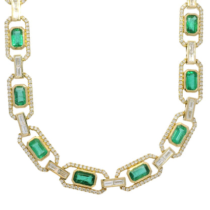 14k Yellow Gold Natural Emerald &amp; Baguette Cut Diamond Link Necklace