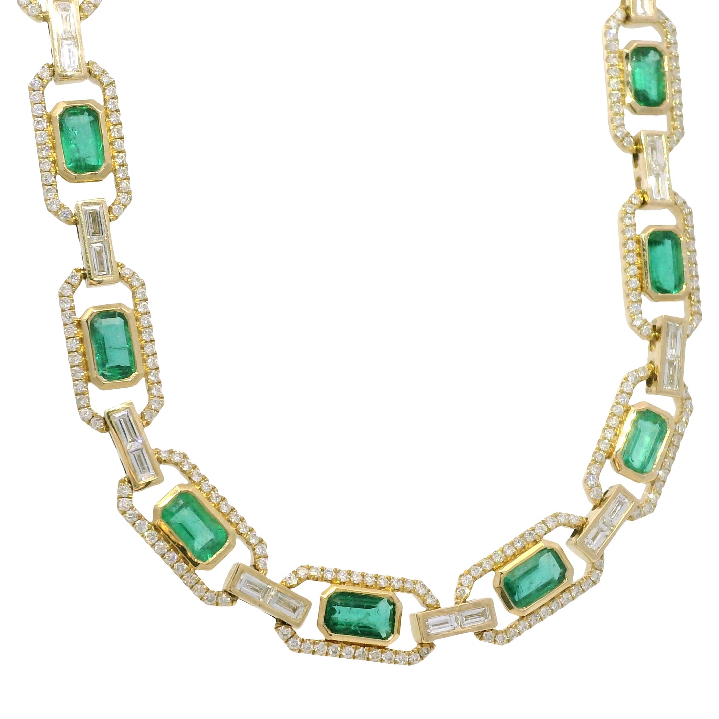 14k Yellow Gold Natural Emerald &amp; Baguette Cut Diamond Link Necklace