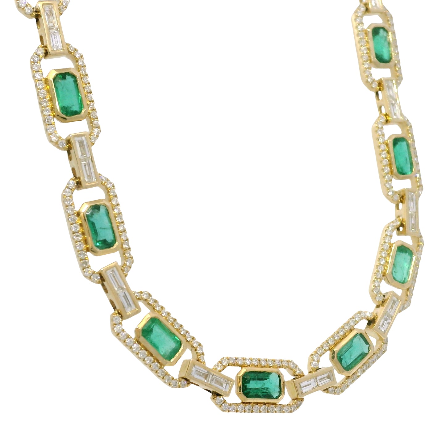14k Yellow Gold Natural Emerald &amp; Baguette Cut Diamond Link Necklace