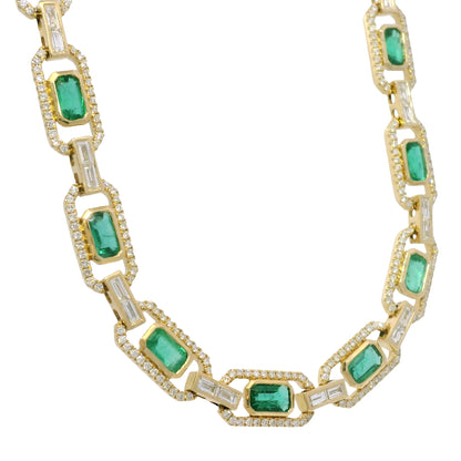 14k Yellow Gold Natural Emerald &amp; Baguette Cut Diamond Link Necklace