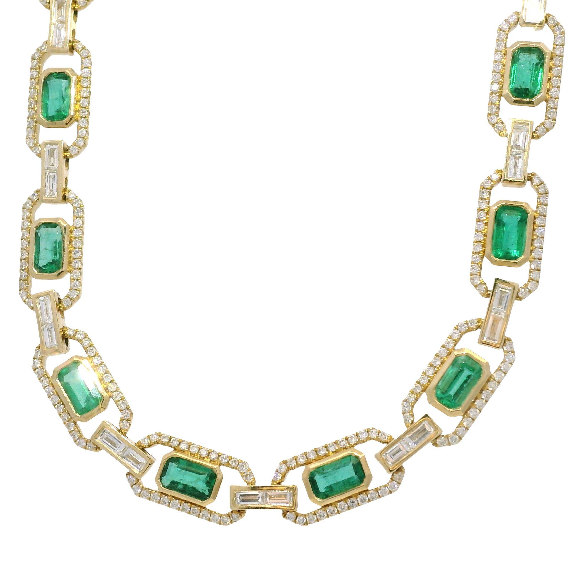 14k Yellow Gold Natural Emerald &amp; Baguette Cut Diamond Link Necklace