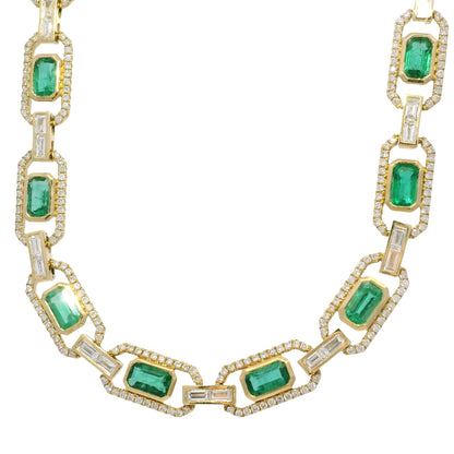14k Yellow Gold Natural Emerald &amp; Baguette Cut Diamond Link Necklace