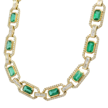 14k Yellow Gold Natural Emerald &amp; Baguette Cut Diamond Link Necklace