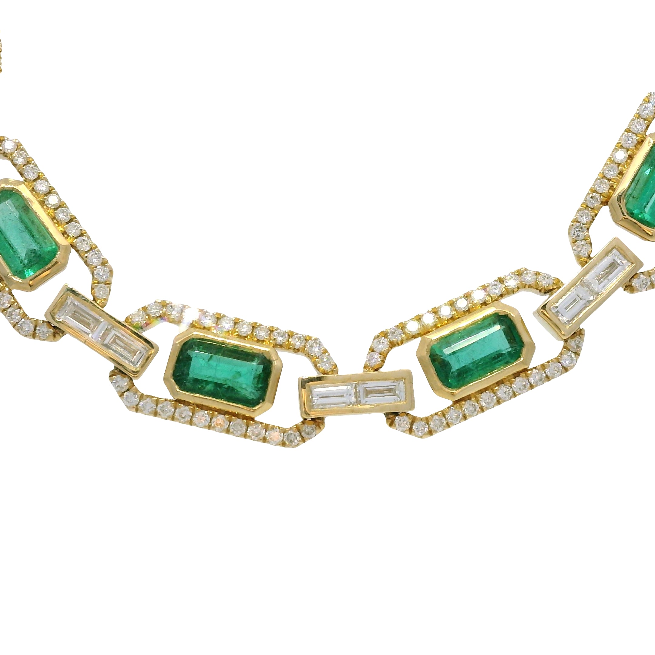 14k Yellow Gold Natural Emerald &amp; Baguette Cut Diamond Link Necklace