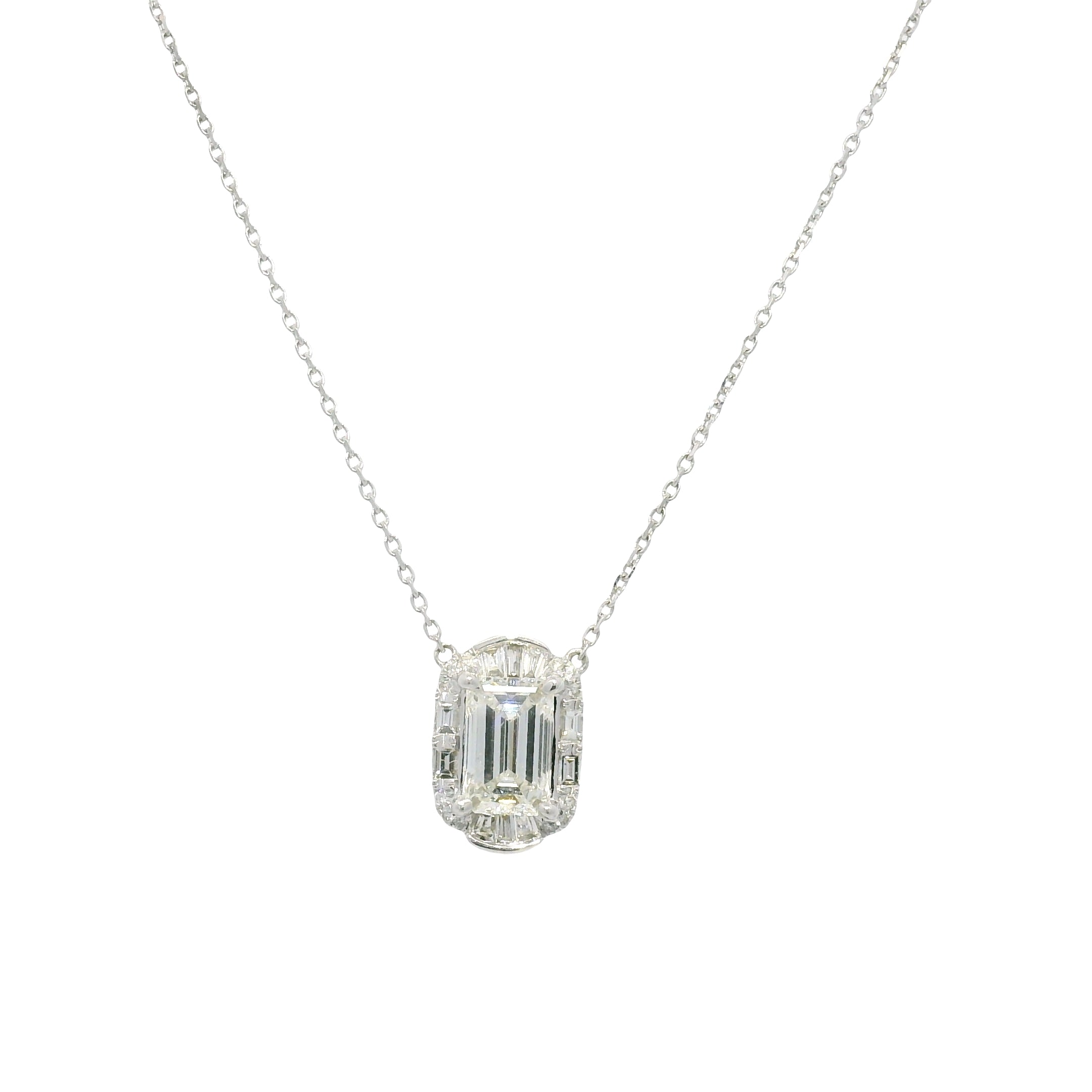18k White Gold Natural Baguette & Round Diamond Halo Mosaic Necklace