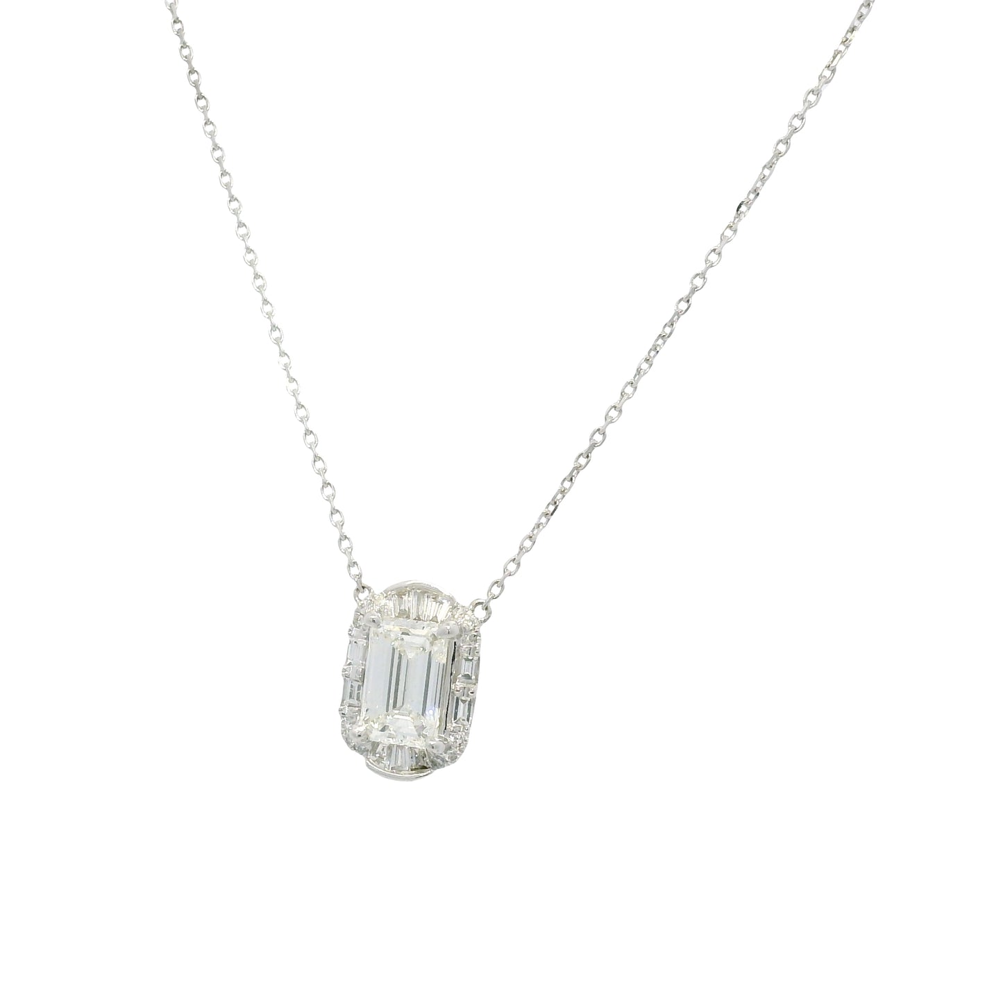 18k White Gold Natural Baguette & Round Diamond Halo Mosaic Necklace